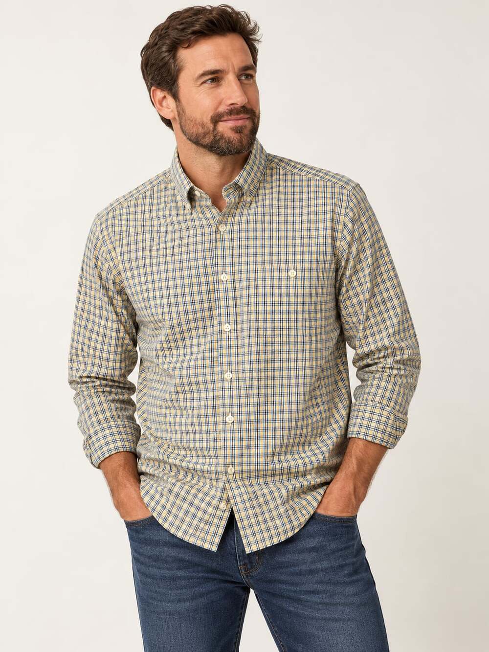 Orvis Country Twill Plaid Button Down Shirt Size M Blue Yellow Green